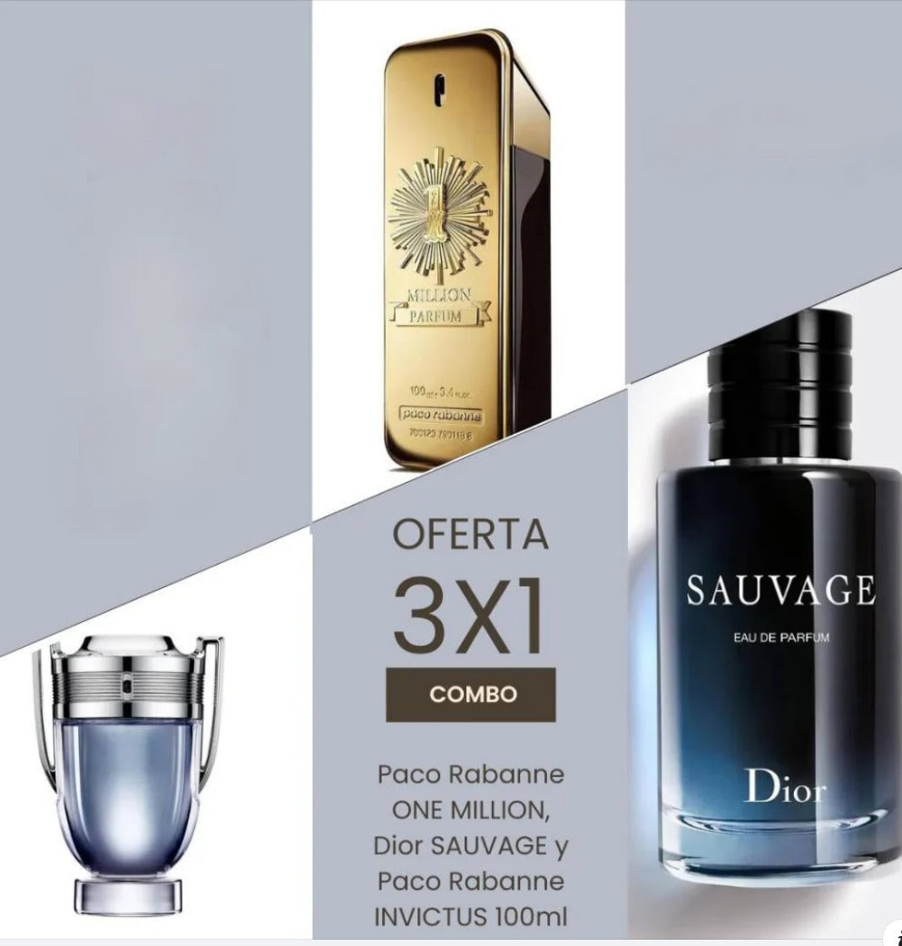 ¡3X1 PERFUMES! PACO RABANNE ONE MILLION + DIOR SAUVAGE + PACO RABANNE INVICTUS - PAGÁ EN TU CASA